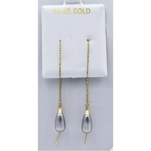 Genuine Grey Pearl Dangling Earrings 14k Solid Yellow Gold